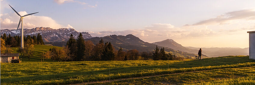 landscape scene with pinwheel, mountains, grass and one person standing on the horizon